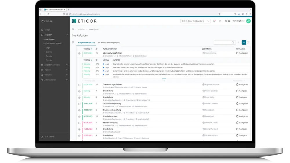 Eticor Software mit Aufgabenübersicht